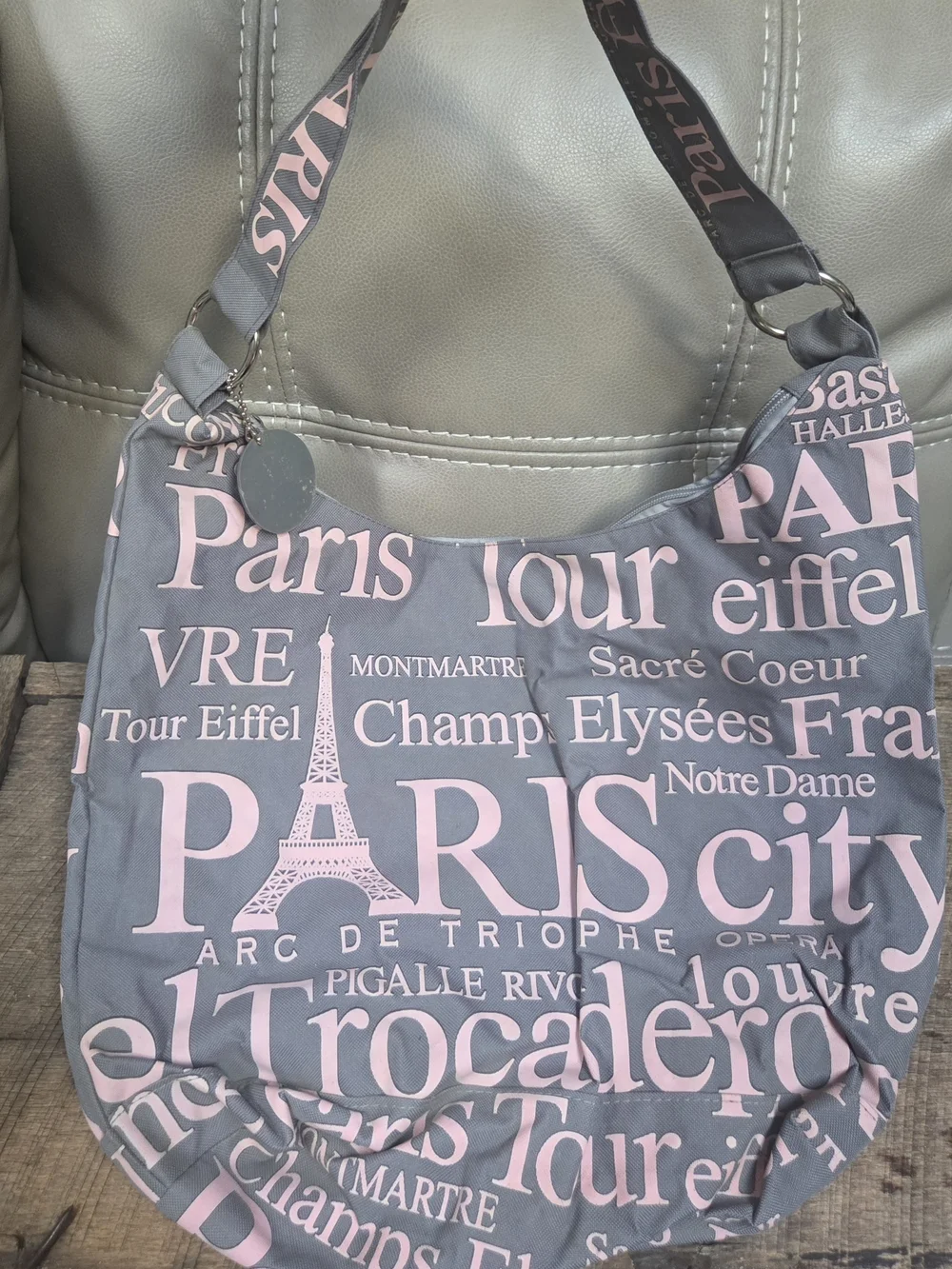 New ~ Bought in France ~ Paris Print Grey and Pink Shoulder Bag ~ So Cute! Bin1L
